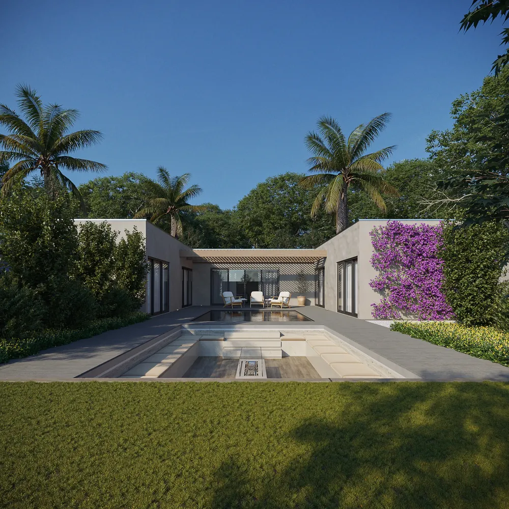 Visualização da área central da Casa 2x2, com piscina, deck, lareira e vegetação